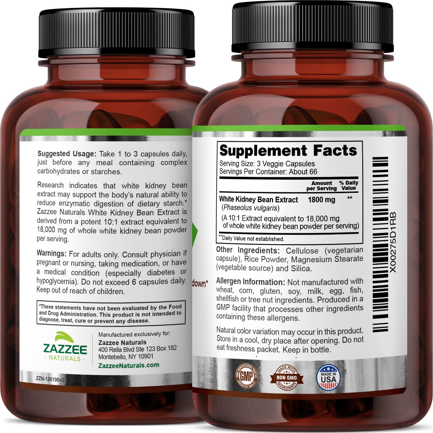 Zazzee White Kidney Bean 10:1 Extract, 18,000 mg Strength, 200 Vegan Capsules, Over 2 Month Supply ZazzeeBuy Supplements Australia