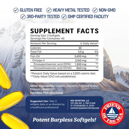 Triple Strength DHA Omega 3 Fish Oil 3600 mg | Over 2100mg Omega-3 Fatty Acids with 860mg of DHA | 1300mg EPA | Best Essential Fatty Acids