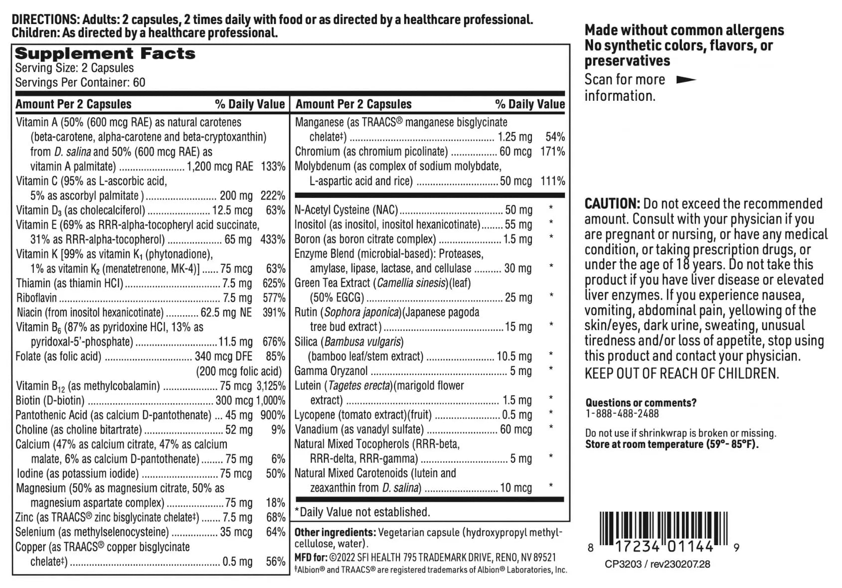 Klaire Labs SFI Health Core Multi - Multimineral & Multivitamin Supplement with No Iron - Vitamins & Chelated Minerals with Natural Mixed Carotenoids SFI Health