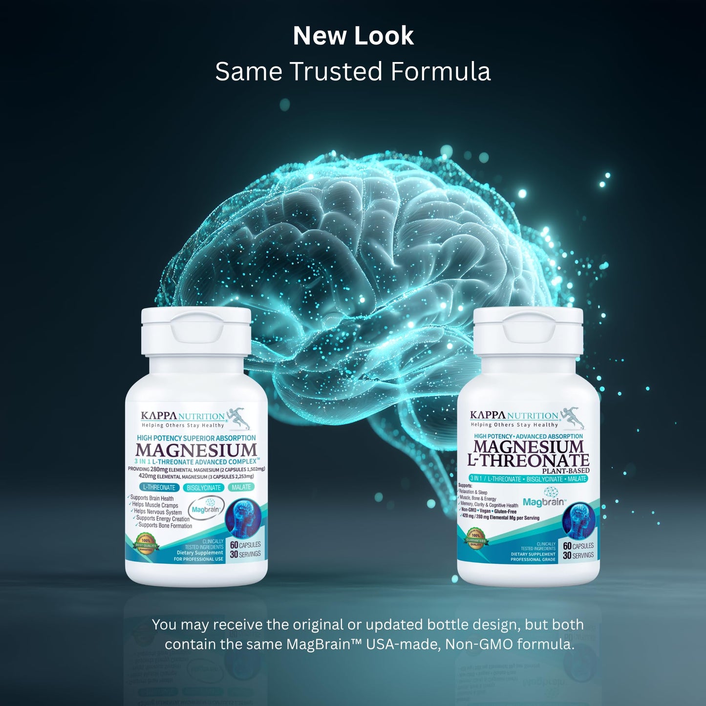 Kappa Nutrition Powered by Magbrain™ Magnesium L-Threonate Plant-Based, 60 Vegan Capsules, 420mg Elemental Magnesium (3 Capsules) from 2,253mg