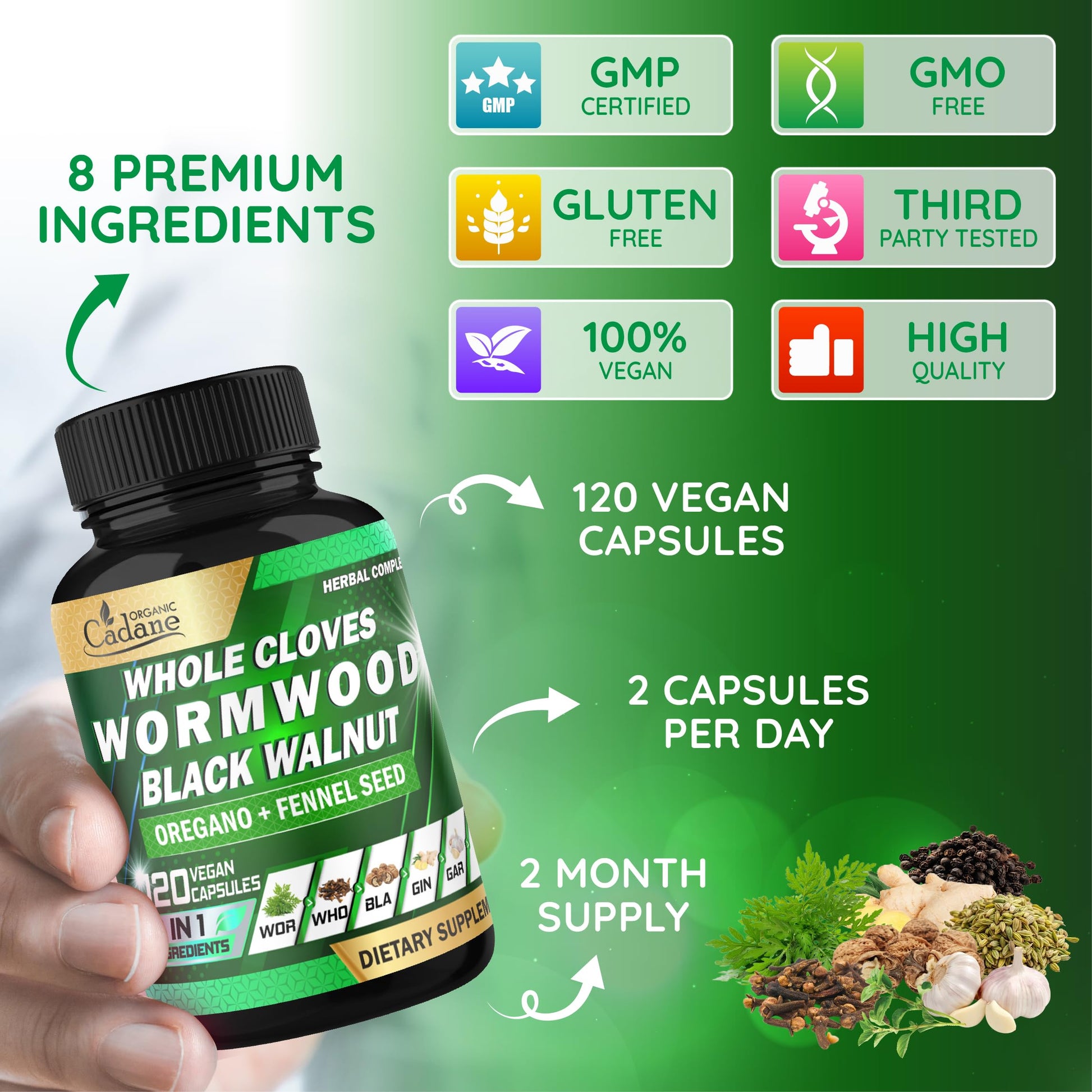 Cadane Wormwood Whole Cloves Black Walnut with Ginger, Garlic, Oregano, Fennel & Black Pepper | Digestive & Wellness Support | 120 Capsules – 60-Day Organic CadaneBuy Supplements Australia