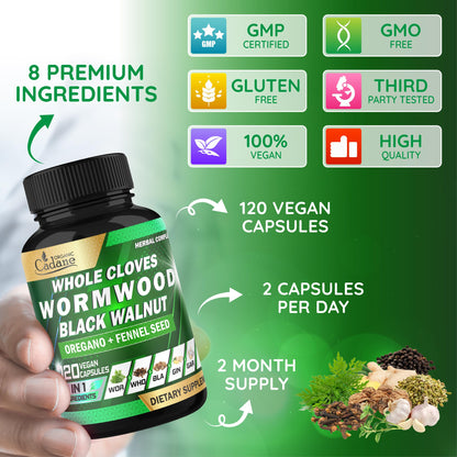 Cadane Wormwood Whole Cloves Black Walnut with Ginger, Garlic, Oregano, Fennel & Black Pepper | Digestive & Wellness Support | 120 Capsules – 60-Day Organic CadaneBuy Supplements Australia