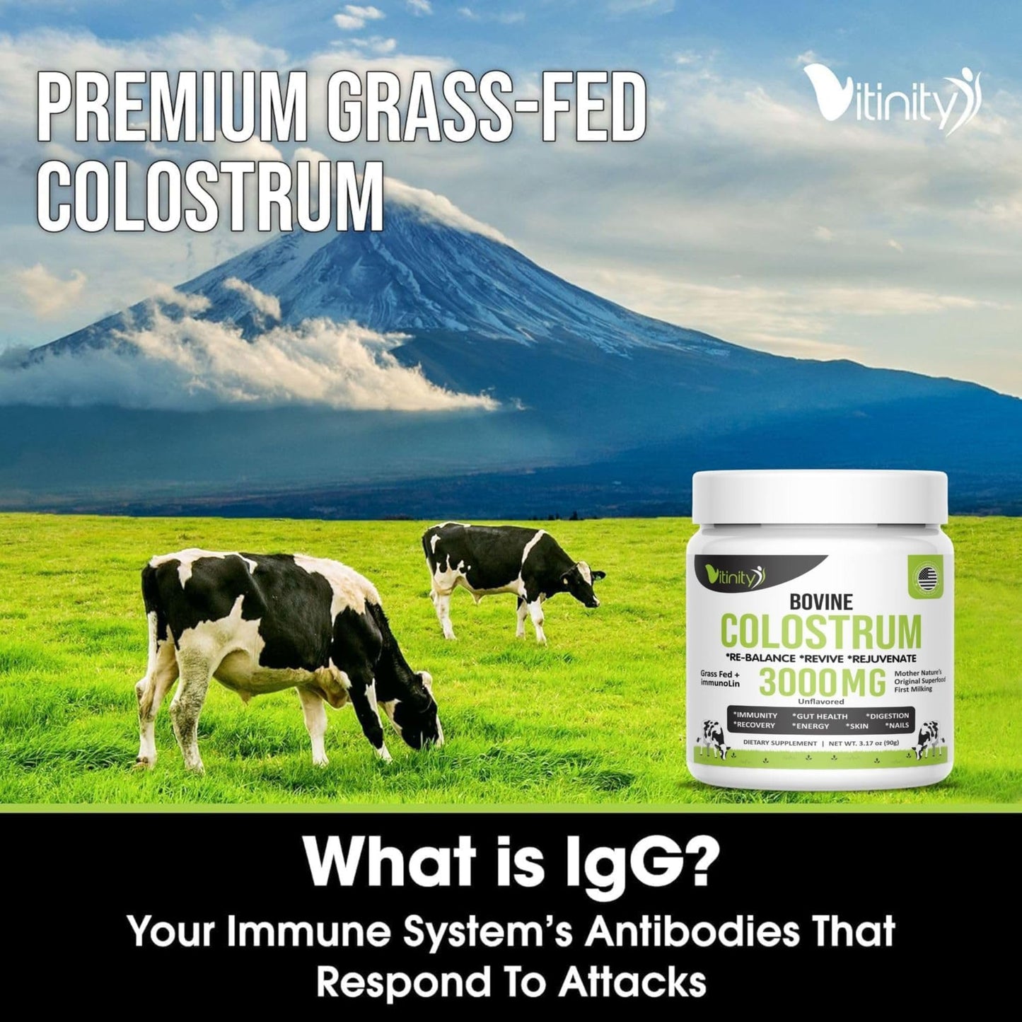 VITINITY Grass Fed Bovine Colostrum Powder for Humans 3000 mg - Natural IgG Colostrum Supplement Gut Health, Immune Support, Muscle Recovery, Wellness | Pure Colostrum Superfood,Unflavored 2 Pack VITINITYBuy Supplements Australia