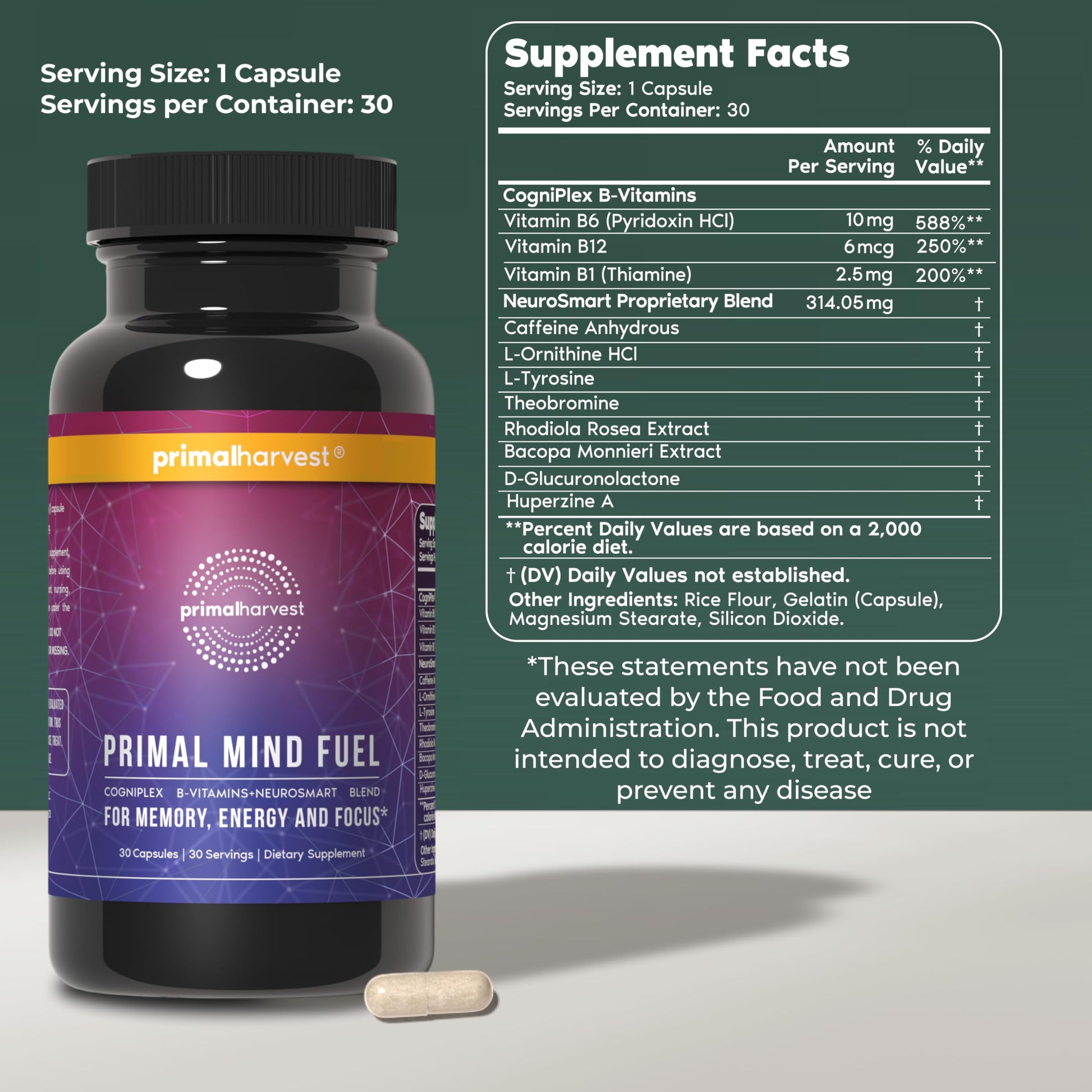 Primal Harvest Brain Supplement, Primal Mind Fuel Brain Booster for Focus, Energy, Clarity, Memory Brain Health 30 Capsules Nootropics Brain Support Supplement for Men and Women (2 Pack (30 Count)) Primal HarvestBuy Supplements Australia