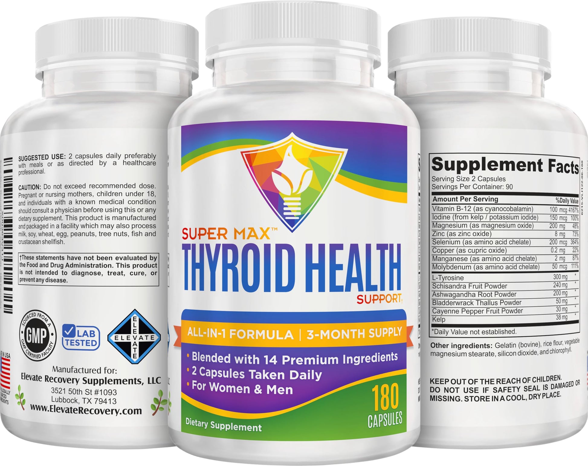 Thyroid Support (3-Month) Supplement All-in-1 with 14 Active Ingredients in 1 Formula | Thyroid Health Support Supplements | Women & Men | 90-Day Bulk Supply | 180 Capsules Elevate Recovery SupplementsBuy Supplements Australia