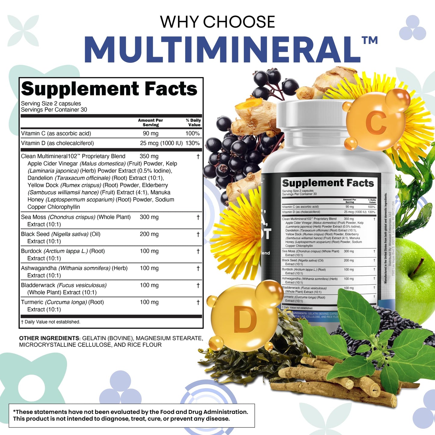 Clean Nutraceuticals Sea Moss Black Seed Oil Ashwagandha Turmeric Bladderwrack Burdock & Vitamin C Vitamin D3 with Elderberry