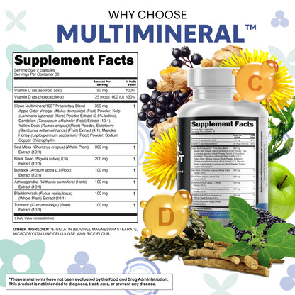 Clean Nutraceuticals Sea Moss Black Seed Oil Ashwagandha Turmeric Bladderwrack Burdock & Vitamin C Vitamin D3 with Elderberry