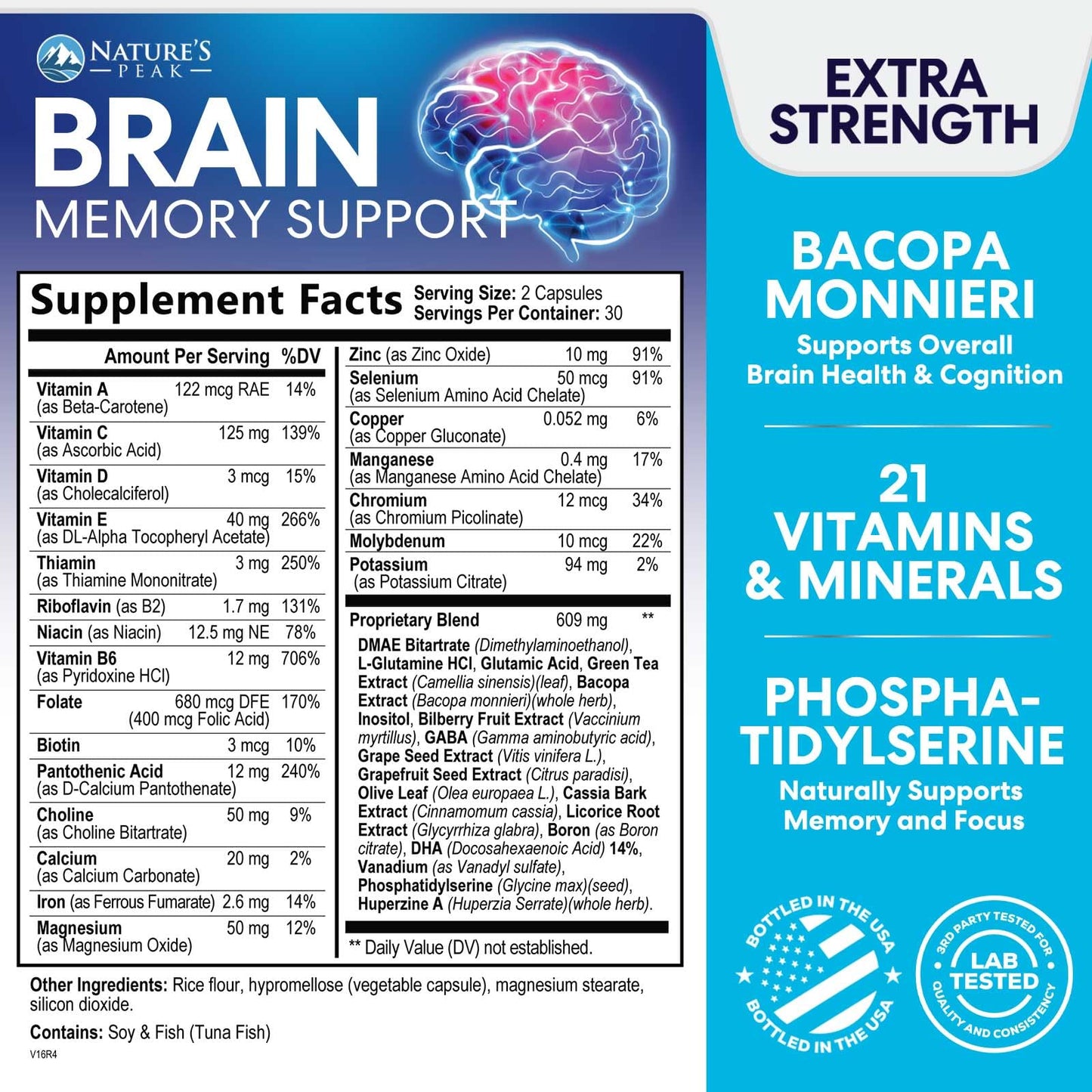 Brain Memory Supplement - 3X Strength Nootropics for Concentration, Clarity & Focus Support - Brain Health Cognitive Vitamins with Bacopa, Phosphatidylserine & DMAE, Brain Booster Pills, 60 Capsules Nature's PeakBuy Supplements Australia