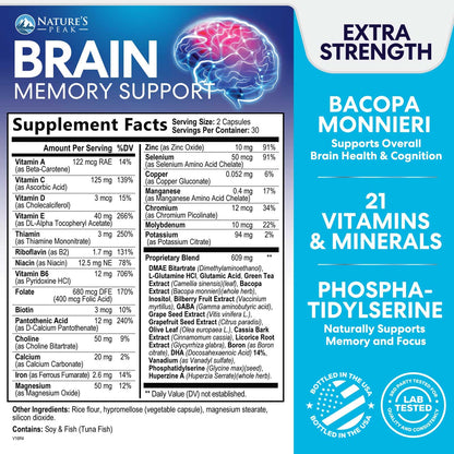 Brain Memory Supplement - 3X Strength Nootropics for Concentration, Clarity & Focus Support - Brain Health Cognitive Vitamins with Bacopa, Phosphatidylserine & DMAE, Brain Booster Pills, 60 Capsules Nature's PeakBuy Supplements Australia