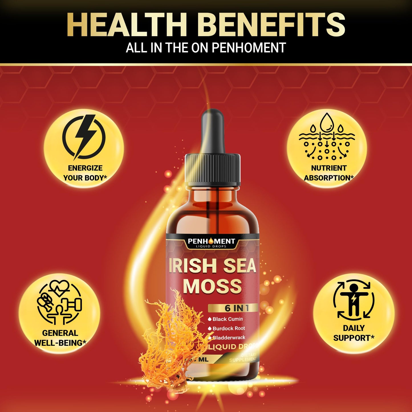 Penhoment 6in1 Sea Moss Drops with Black Seed Oil Irish Seamoss, Ashwagandha, Burdock Root & Bladderwrack - 1FL Oz - 30 Day Supply PenhomentBuy Supplements Australia
