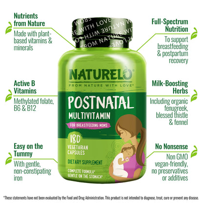 NATURELO Postnatal Multivitamin - Supplement for Breastfeeding Women - Plant-Based Vitamin D, Folate, Gentle Iron - for Nursing Mother, Baby