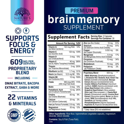 Brain Memory Supplement Pills - 3X Strength Nootropics for Concentration, Clarity & Focus Support - Brain Health Cognitive Vitamins with Bacopa, Phosphatidylserine & DMAE, Brain Booster - 60 Capsules Nature's StrengthBuy Supplements Australia