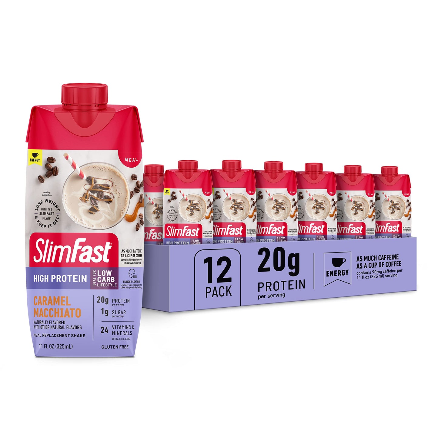 SlimFast Protein Shake with Caffeine, Caramel Macchiato- 20g Protein