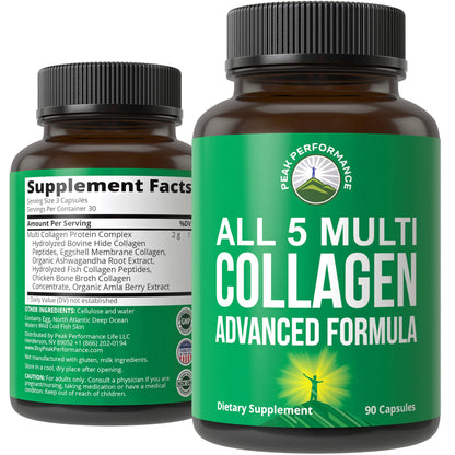 Peak Performance All 5 Multi-Collagen Capsules - 90 Pills of Grass Fed Peptides Protein - Supplement with All 5 Collagen Types I, II, III,V, X from Beef, Fish, Eggshell, and Chicken Bone Broth Peak PerformanceBuy Supplements Australia
