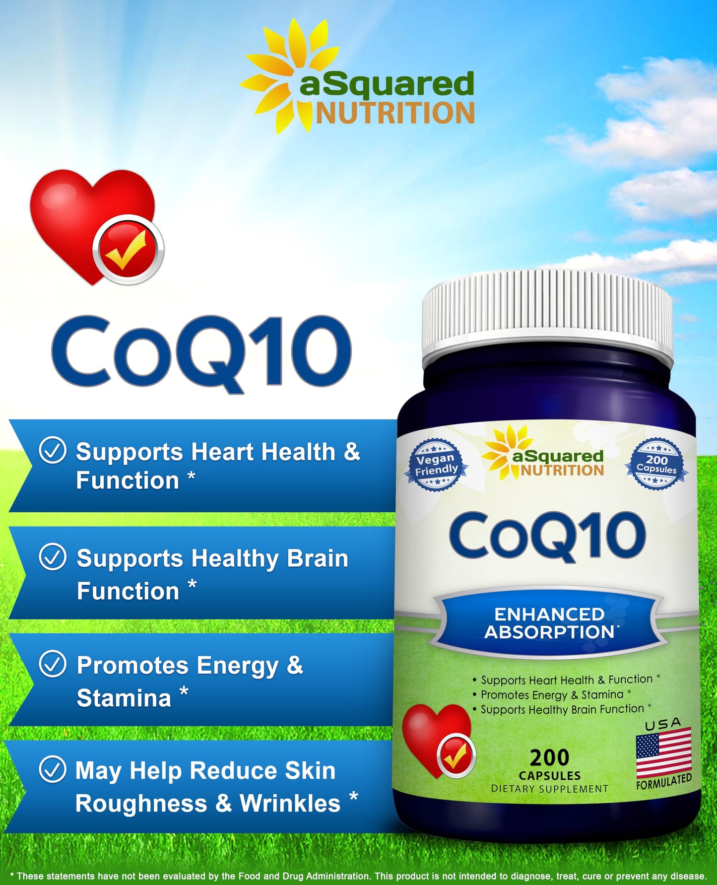 aSquared Nutrition CoQ10 (400mg Max Strength, 200 Capsules) - High Absorption Vegan Coenzyme Q10 Powder - Ubiquinone Supplement Pills, Extra Antioxidant CO Q-10