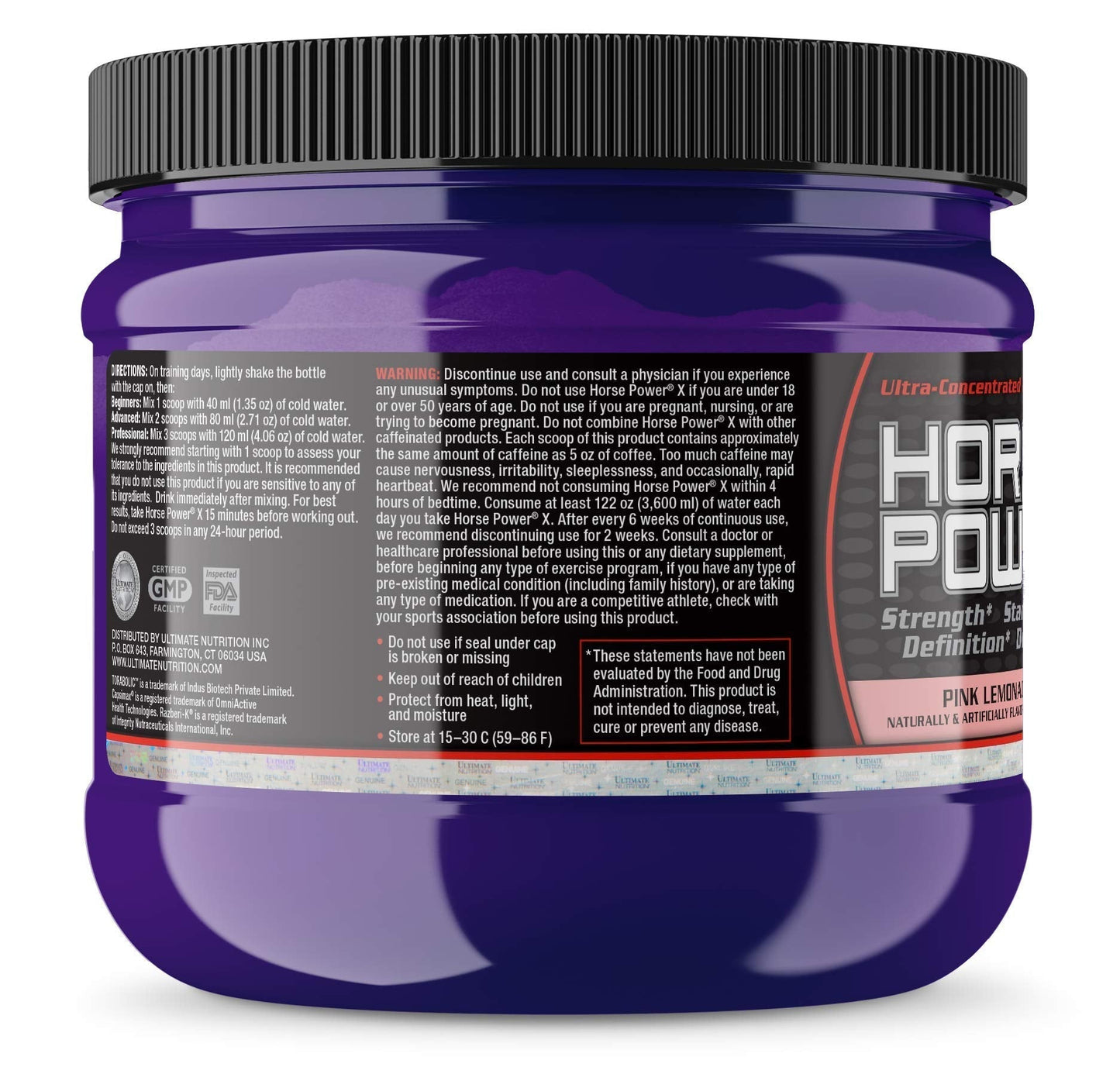 Ultimate Nutrition Horse Power X, Concentrated Pre Workout Supplement, Creatine and Vitamin B12, Support Strength, Pink Lemonade, 7.94oz (225g)