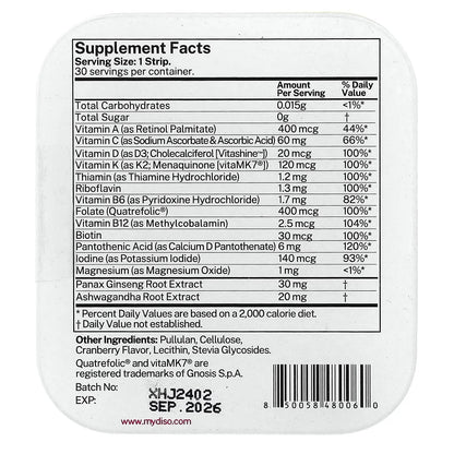 DISO - M-VIT - Fast-Dissolving Multivitamin Oral Strips, Cranberry Flavor, Vegan, Sugar Free, Gluten Free, Individually Wrapped DISO