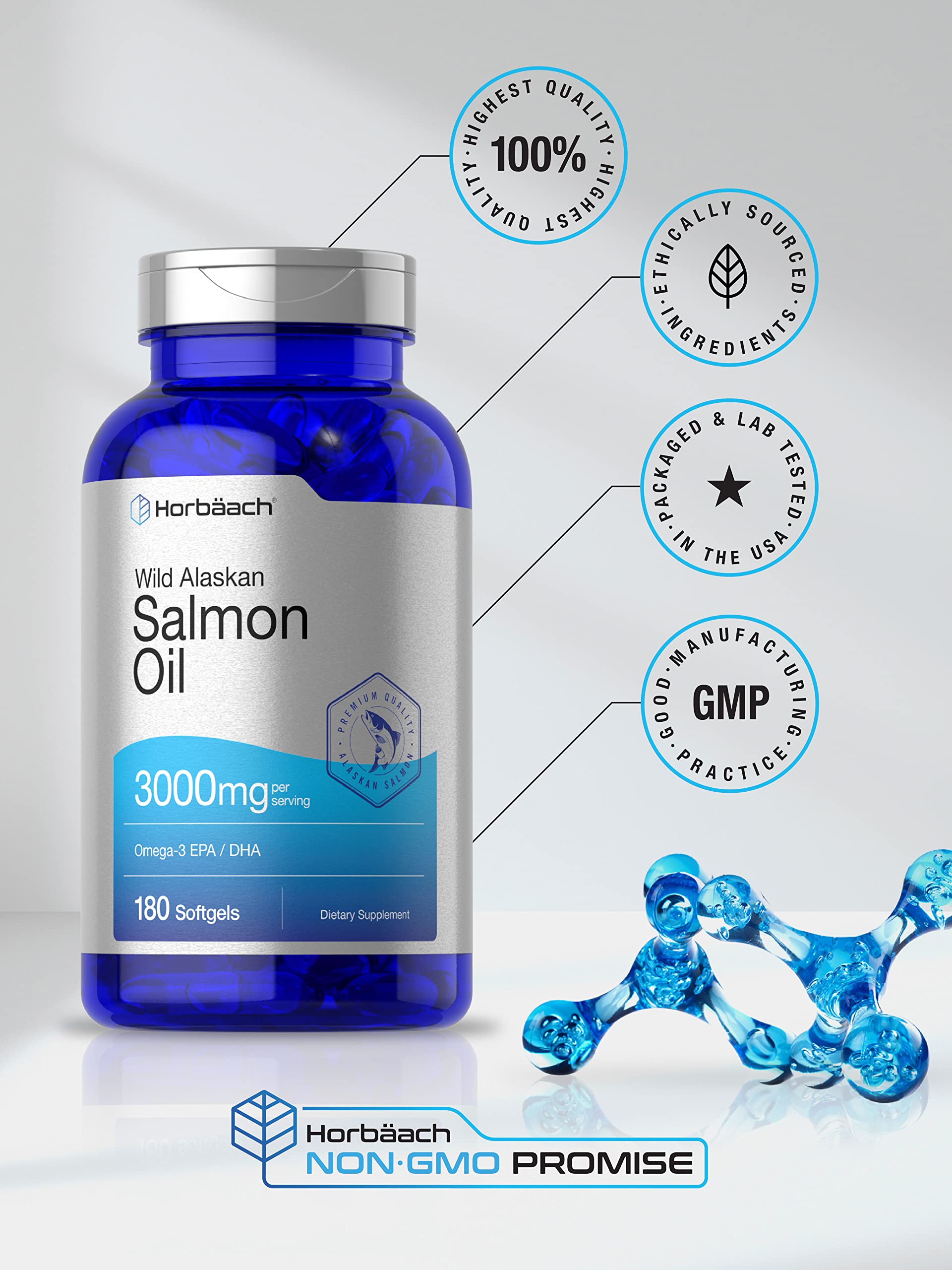Wild Alaskan Salmon Fish Oil | 180 Softgel Capsules | Gluten Free, Non-GMO | High Potency HorbäachBuy Supplements Australia