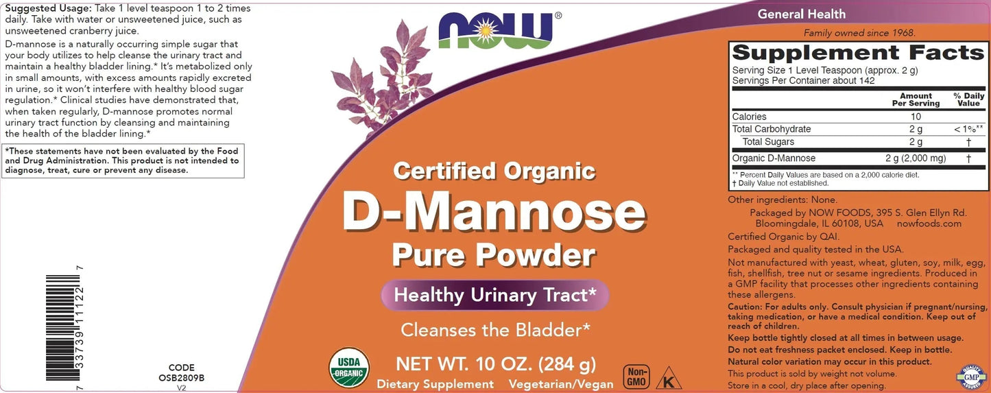 NOW Foods Pure, Organic D-Mannose 10 oz Powder (Pack of 2) - Bladder Cleanse and Urinary Tract Health Supplement - Non-GMO - Vegan Friendly - 2000mg / 2 Grams per Serving NOW FoodsBuy Supplements Australia