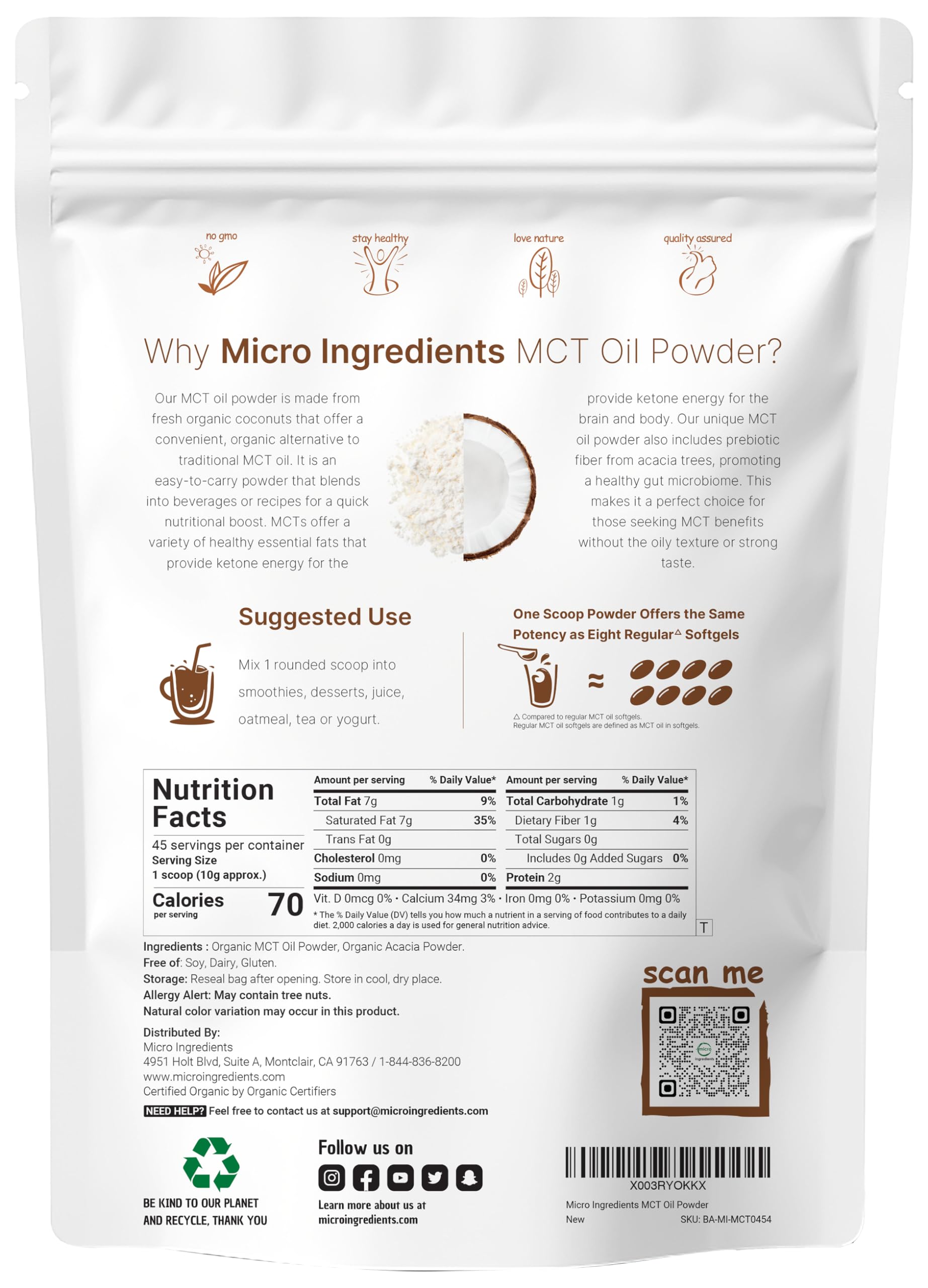 Organic MCT Oil Powder with Prebiotic Fiber,1 Pound(16 Ounce), Fast Fuel for Body and Brain Micro IngredientsBuy Supplements Australia
