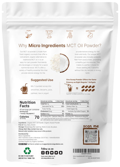 Organic MCT Oil Powder with Prebiotic Fiber,1 Pound(16 Ounce), Fast Fuel for Body and Brain Micro IngredientsBuy Supplements Australia