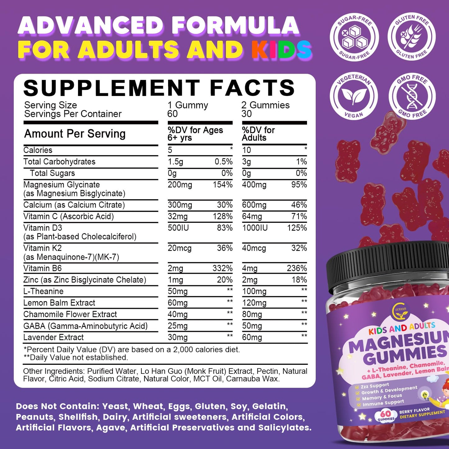 Magnesium Glycinate Gummies 400/200mg for Kids & Adults, NO Melatonin Sleep Aid Magnesium Supplement Gummies with Chamomile, Lavender, L-Theanine & GABA, B6, D3 & K2 for Bone, Relax, Immune Support GORNVBBuy Supplements Australia