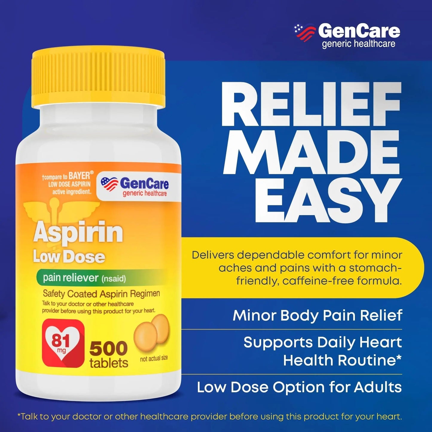 GenCare - Low Dose Aspirin 81mg for Adults Coated (NSAID) 500 Tablets | Adult Low Dose | Enteric Coated Aspirin Pills | Muscle Pain & Menstrual Pain Relief | Fever Reducer | Generic Bayer GenCareBuy Supplements Australia