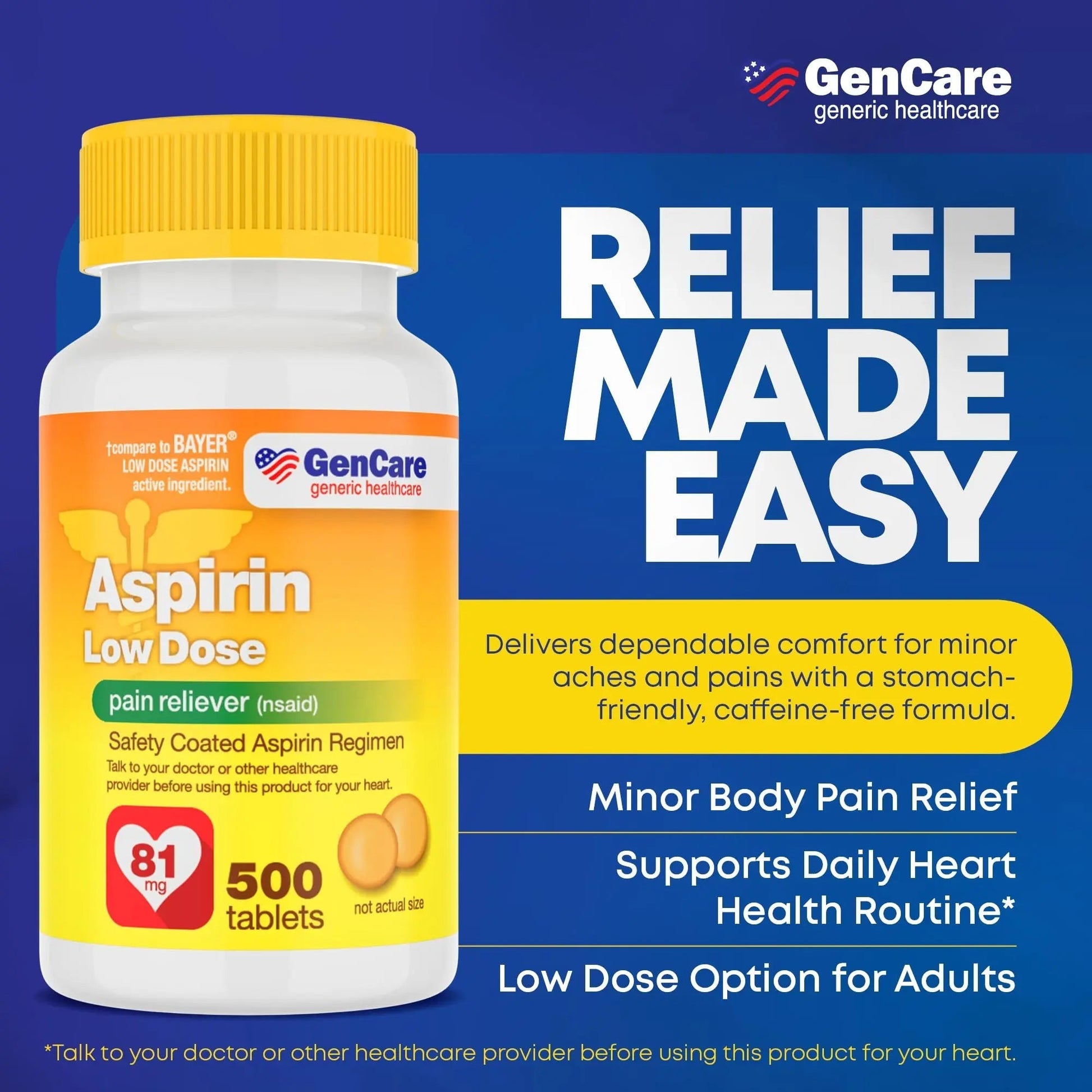 GenCare - Low Dose Aspirin 81mg for Adults Coated (NSAID) 500 Tablets | Adult Low Dose | Enteric Coated Aspirin Pills | Muscle Pain & Menstrual Pain Relief | Fever Reducer | Generic Bayer GenCareBuy Supplements Australia