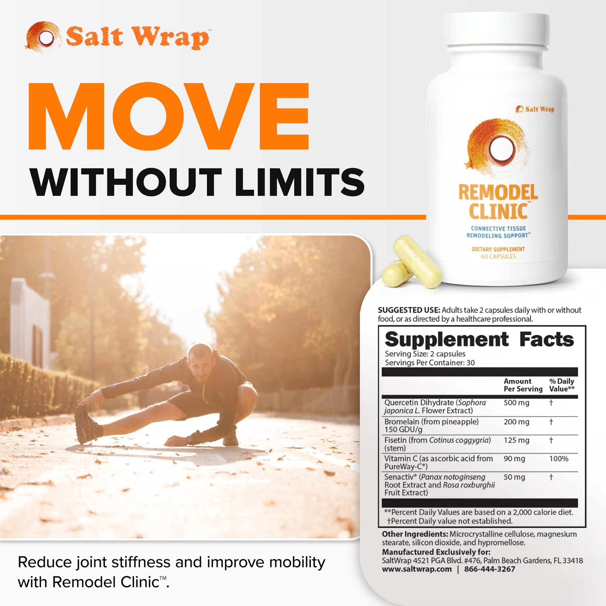 SaltWrap Remodel Clinic - Joint Remodeling Supplement for Senescent Cell Removal and Scar Tissue - Improve Mobility, Reduce Connective Tissue Stiffness - Fisetin, Quercetin, Bromelain - 60 Capsules SaltWrapBuy Supplements Australia