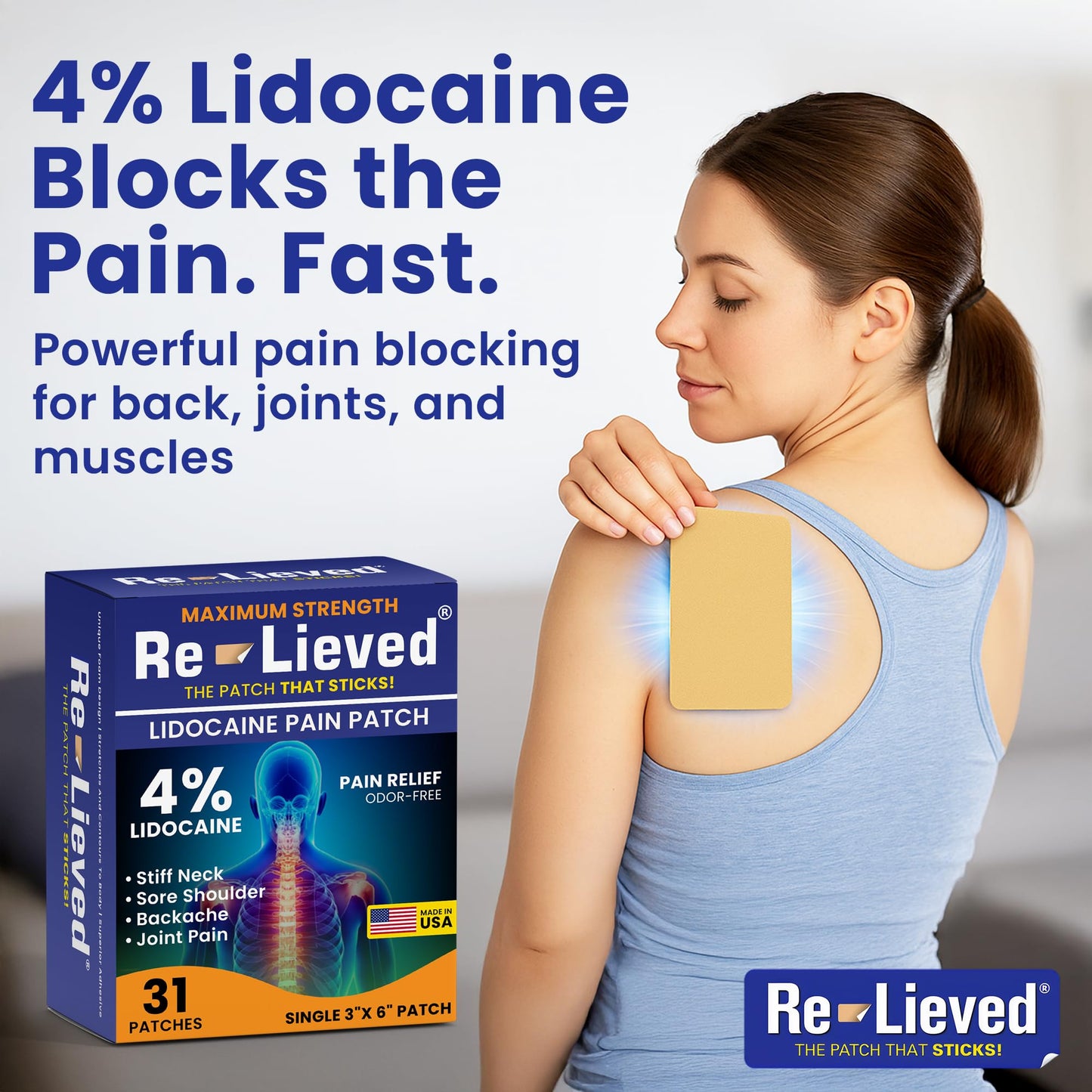 Re-Lieved 4% Lidocaine Patches Maximum Strength - Aluminum-Free, Water Resistant and USA Made -Superior Sticking Pain Relief Patches Quickly Relieves Back, Joints and Muscle Pain-3x6 Inches (31 Count) Re-lievedBuy Supplements Australia