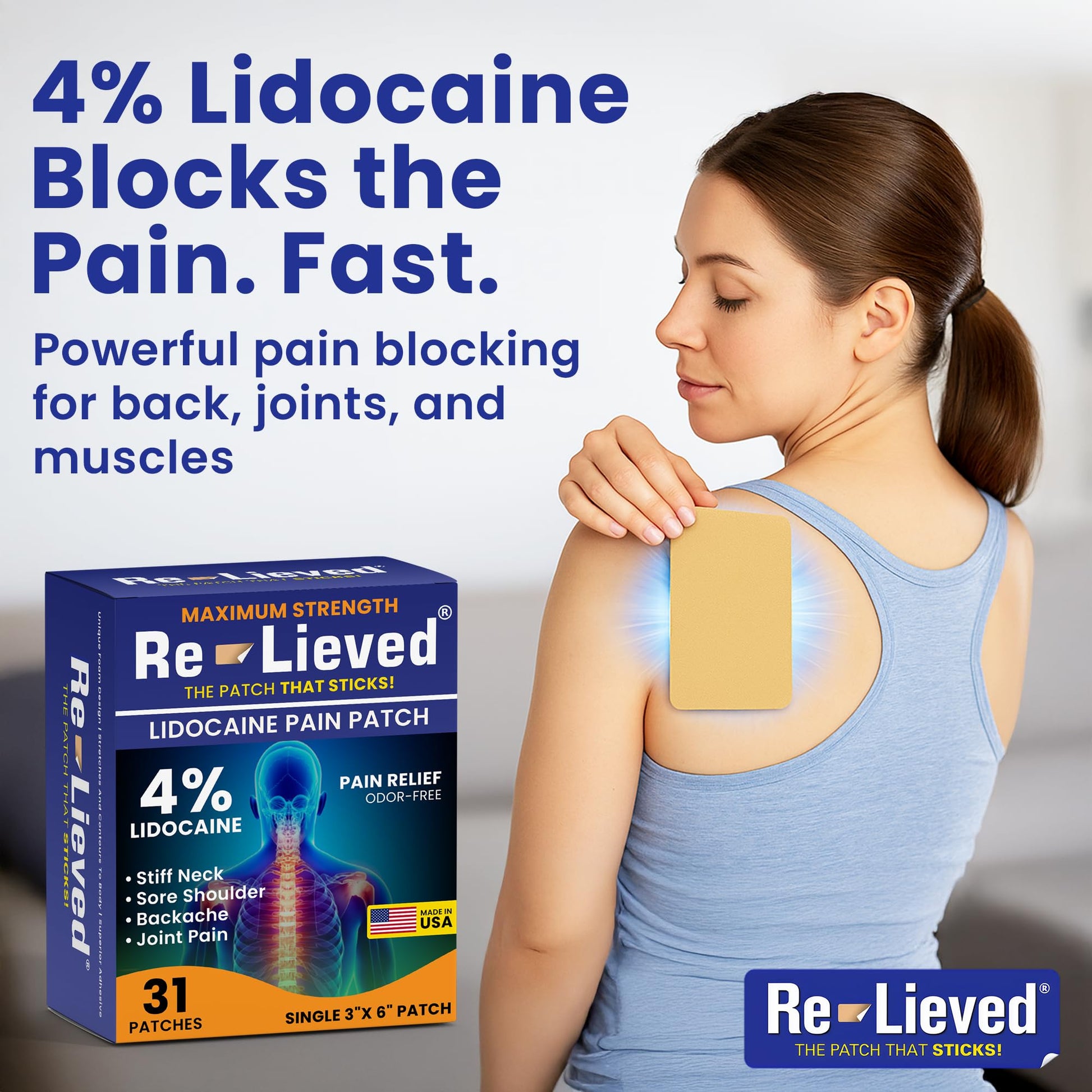 Re-Lieved 4% Lidocaine Patches Maximum Strength - Aluminum-Free, Water Resistant and USA Made -Superior Sticking Pain Relief Patches Quickly Relieves Back, Joints and Muscle Pain-3x6 Inches (31 Count) Re-lievedBuy Supplements Australia
