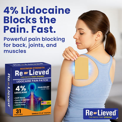 Re-Lieved 4% Lidocaine Patches Maximum Strength - Aluminum-Free, Water Resistant and USA Made -Superior Sticking Pain Relief Patches Quickly Relieves Back, Joints and Muscle Pain-3x6 Inches (31 Count) Re-lievedBuy Supplements Australia