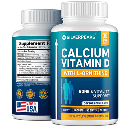 Calcium Supplement with Vitamin D3 and Zinc for Bone Health – Supports Bone Strength & Density – Gentle Non-Constipating Mineral & Amino Acids Blend for Women & Men - 60 Capsules (30 Day Supply) SILVERPEAKSBuy Supplements Australia