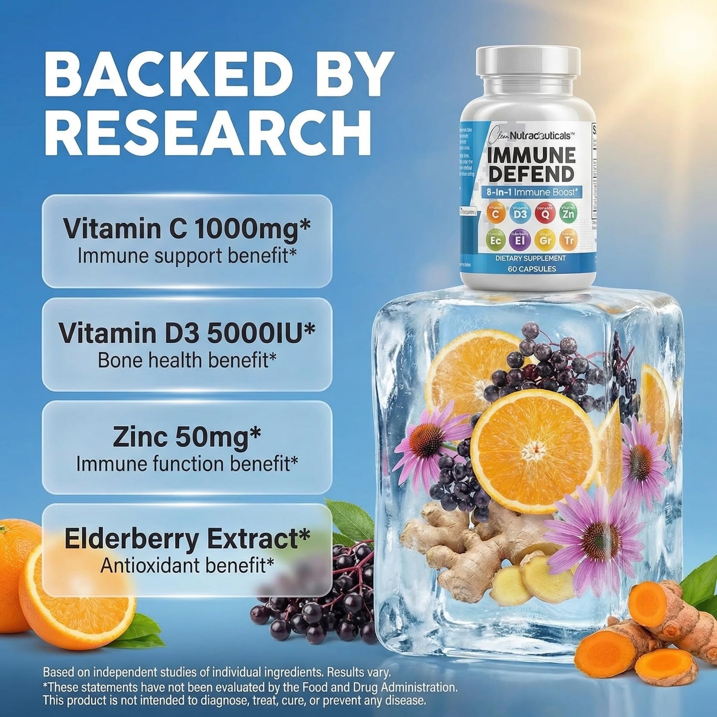 Clean Nutraceuticals Immune Defense Support Supplement 8 in 1 with Zinc 50mg Quercetin, VIT C 1000mg, Vitamin D3 5000 IU, Elderberry, Ginger
