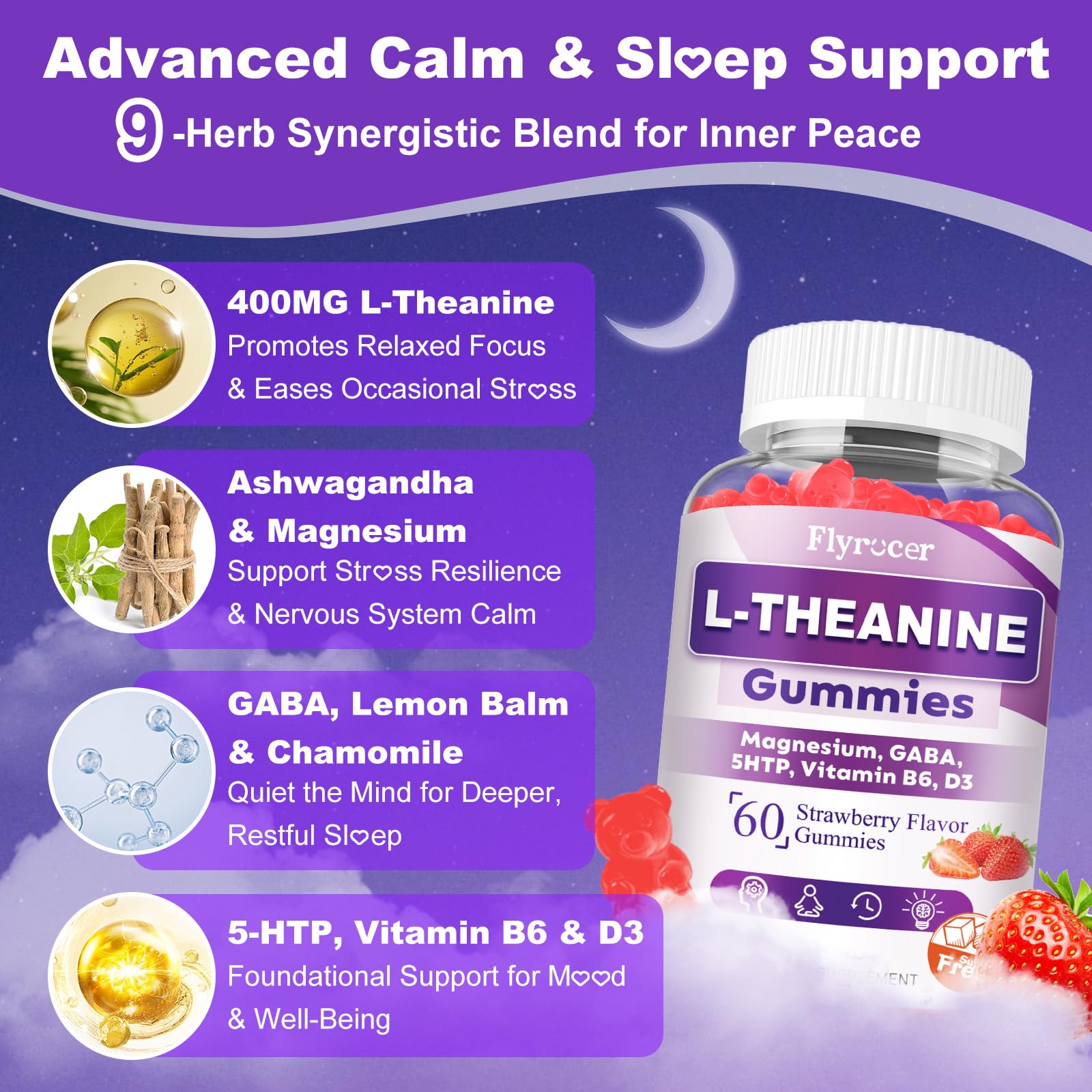 Sugar Free L-Theanine Gummies, L Theanine Supplement for Adults & Kids, L'Theanine with Ashwagandha, Magnesium, 5HTP & GABA - Support Calm, Relax, zzZ, Focus, Vegan Strawberry Flavor, 60 Count FlyrocerBuy Supplements Australia