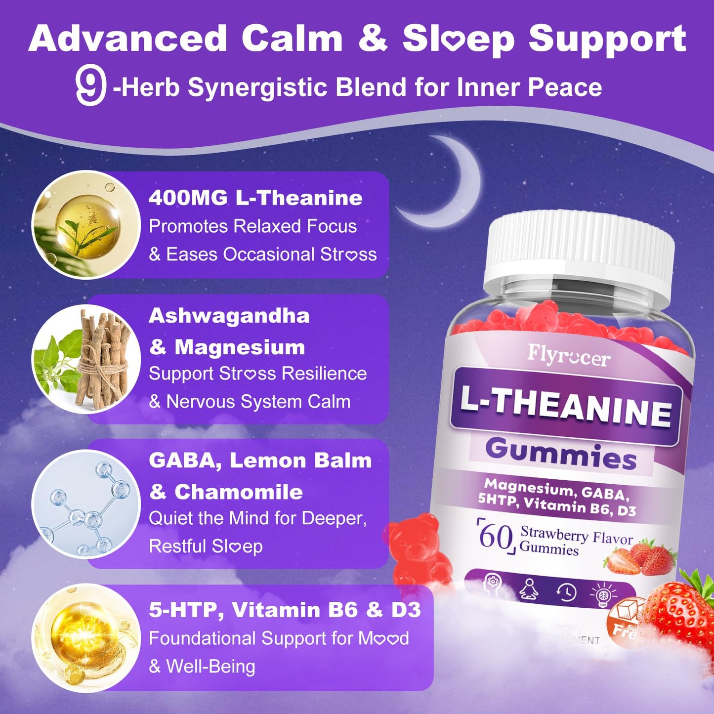 Flyrocer 2 Pack L-Theanine Gummies, L Theanine Supplement for Adults & Kids, L'Theanine with Ashwagandha, Magnesium, 5HTP & GABA - Support Calm, Relax, zzZ, Focus, Vegan Strawberry Flavor, 120 Count FlyrocerBuy Supplements Australia