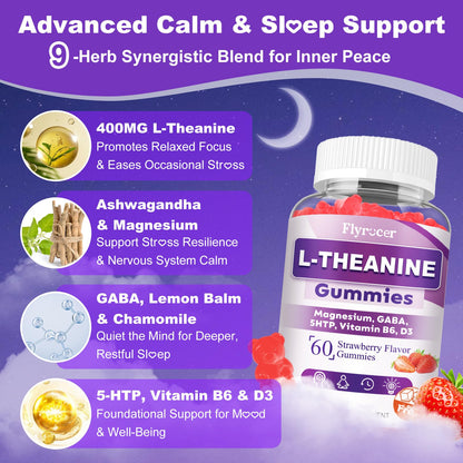 Flyrocer 2 Pack L-Theanine Gummies, L Theanine Supplement for Adults & Kids, L'Theanine with Ashwagandha, Magnesium, 5HTP & GABA - Support Calm, Relax, zzZ, Focus, Vegan Strawberry Flavor, 120 Count FlyrocerBuy Supplements Australia