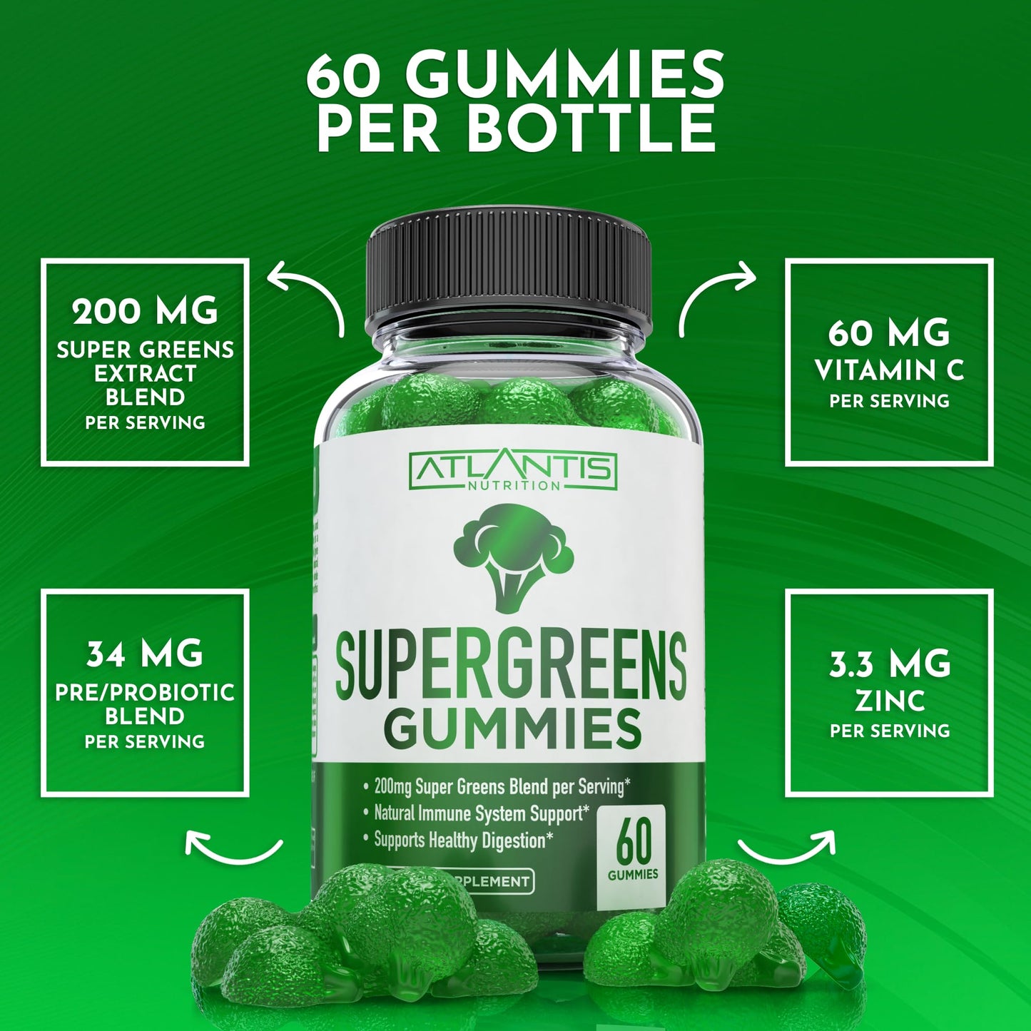 Atlantis Nutrition Supergreens Gummies - Daily Green Superfoods Supplement with Spinach, Broccoli, Moringa, Beet Root, Celery, Green Tea, & Acai for Immunity Support - Natural Raspberry Flavor, 60 cnt Atlantis NutritionBuy Supplements Australia