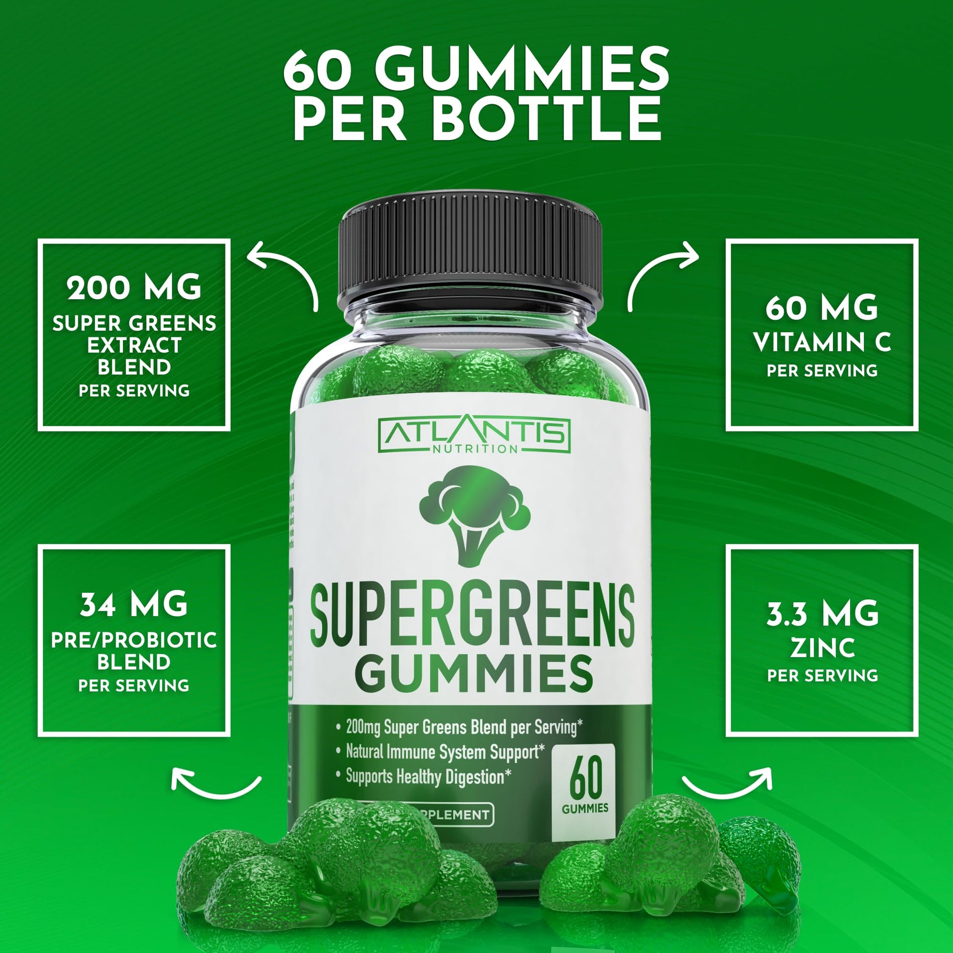 Atlantis Nutrition Supergreens Gummies - Daily Green Superfoods Supplement with Spinach, Broccoli, Moringa, Beet Root, Celery, Green Tea, & Acai for Immunity Support - Natural Raspberry Flavor, 60 cnt Atlantis NutritionBuy Supplements Australia