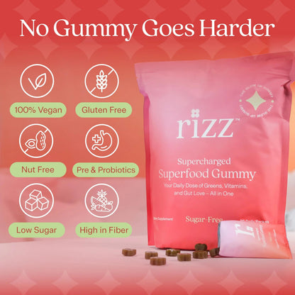 Rizz Sugar-Free Green Gummies - 60+ Superfoods 6g Fiber - Prebiotic and Probiotic Gummies - Vegan Multivitamins for Women & Men Rizz