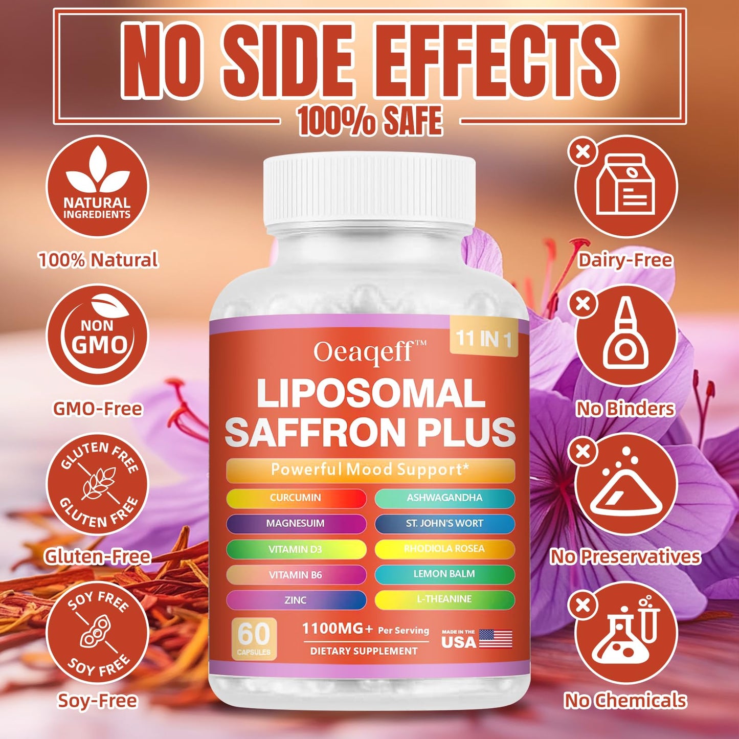 Oeaqeff Liposomal Saffron Supplements -11 in 1 100% Pure Saffron Extract 88.5 mg Maximum Absorption for Mood, Energy & Vision,Vegan, Non-GMO - 60 Vegan Capsules (1) OeaqeffBuy Supplements Australia