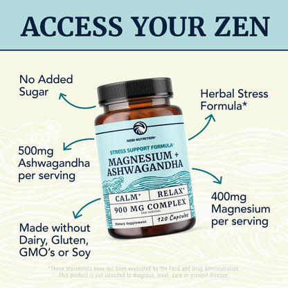 Magnesium Ashwagandha | Calming Magnesium Supplement for Adults | Relax, Rest, Calm Mood & Sleep Support | Mag Citrate & Oxide 400 mg + Ashwagandha 500 mg