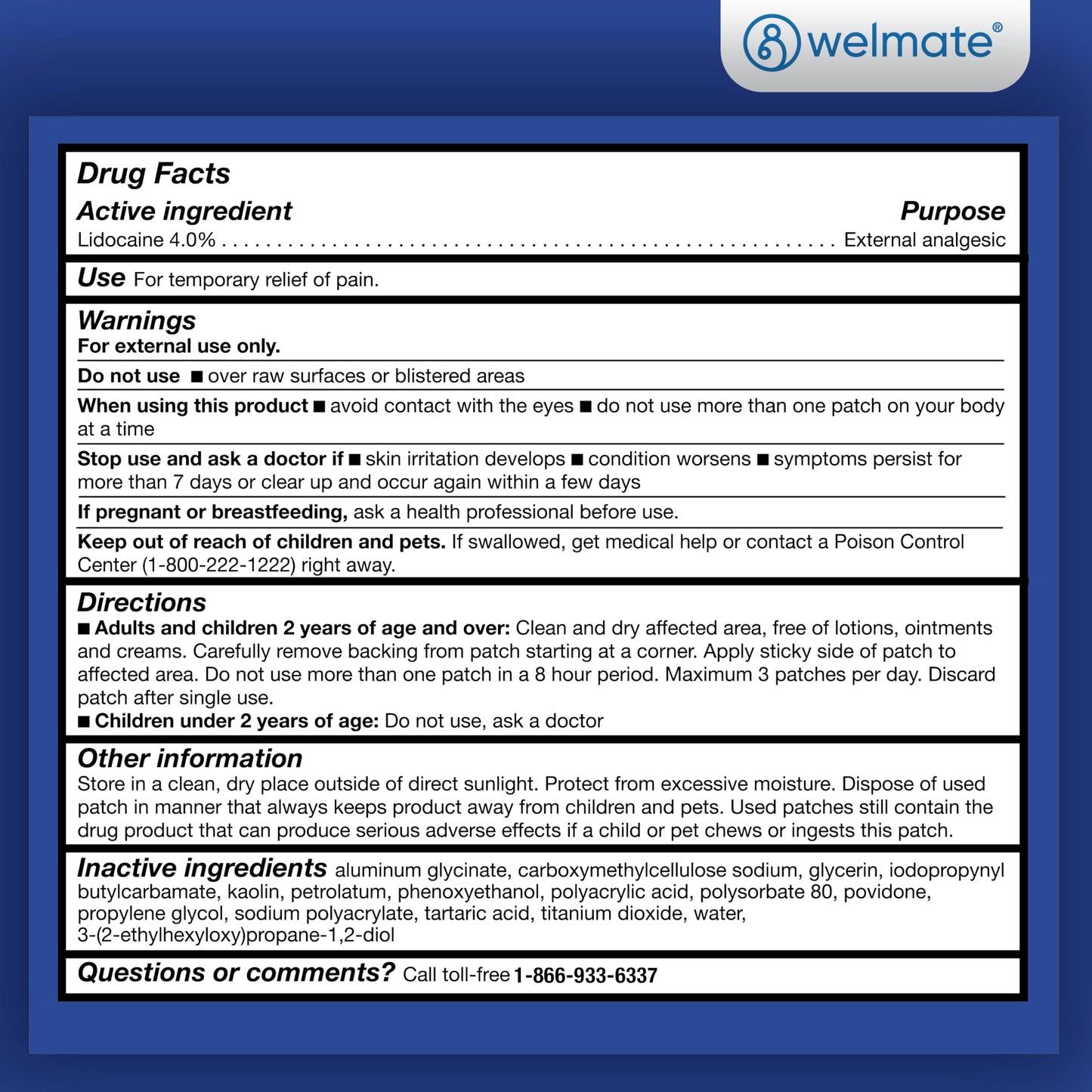 WELMATE - 4% Lidocaine Numbing Patch - Maximum Strength - Temporary Relief of Pain, Back, Neck, Shoulders, Knees, Elbows, Minor Skin Irritations - Topical Analgesic Unscented - 30 ct WELMATEBuy Supplements Australia