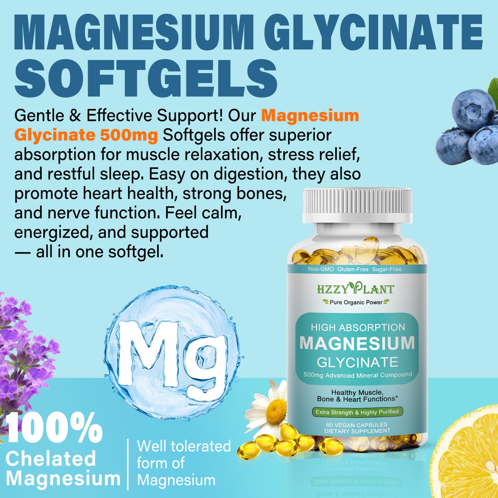 Magnesium Glycinate 500mg Softgels, High Absorption Magnesium Supplement Softgel Capsules for Muscle, Heart, Sleep & Bone Support, Stress Relief, Nerve Health & Metabolism, Non-GMO, 2 Month Supply HZZYPLANTBuy Supplements Australia