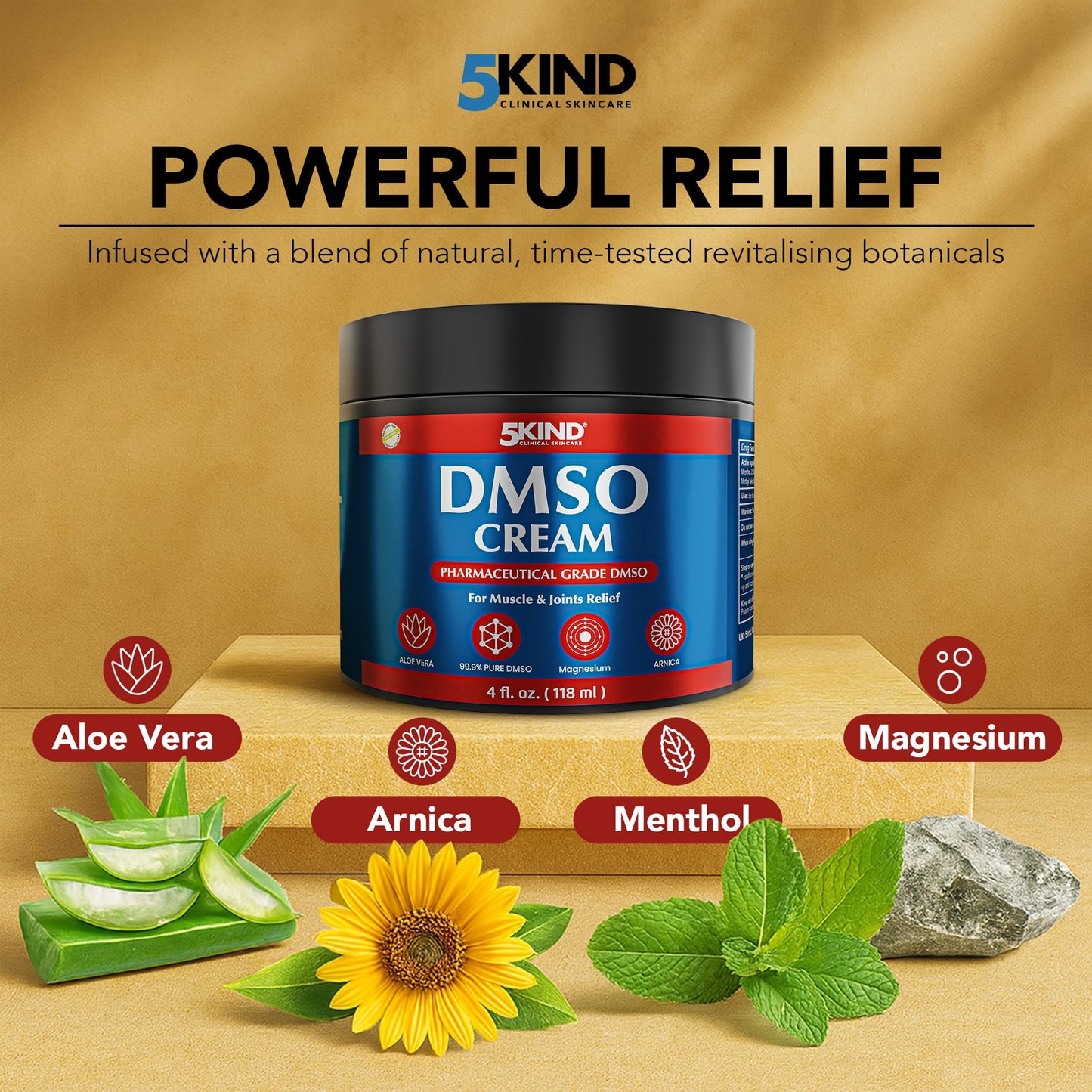 5Kind DMSO Cream for Pain Relief 4 fl oz - 99.9% Pure DMSO Pharmaceutical Grade Cream - Aloe Vera, Magnesium, Arnica & Menthol - Topical Muscle and Joint Pain Relief - Registered NDC - Made in USA 5kind clinical skincareBuy Supplements Australia