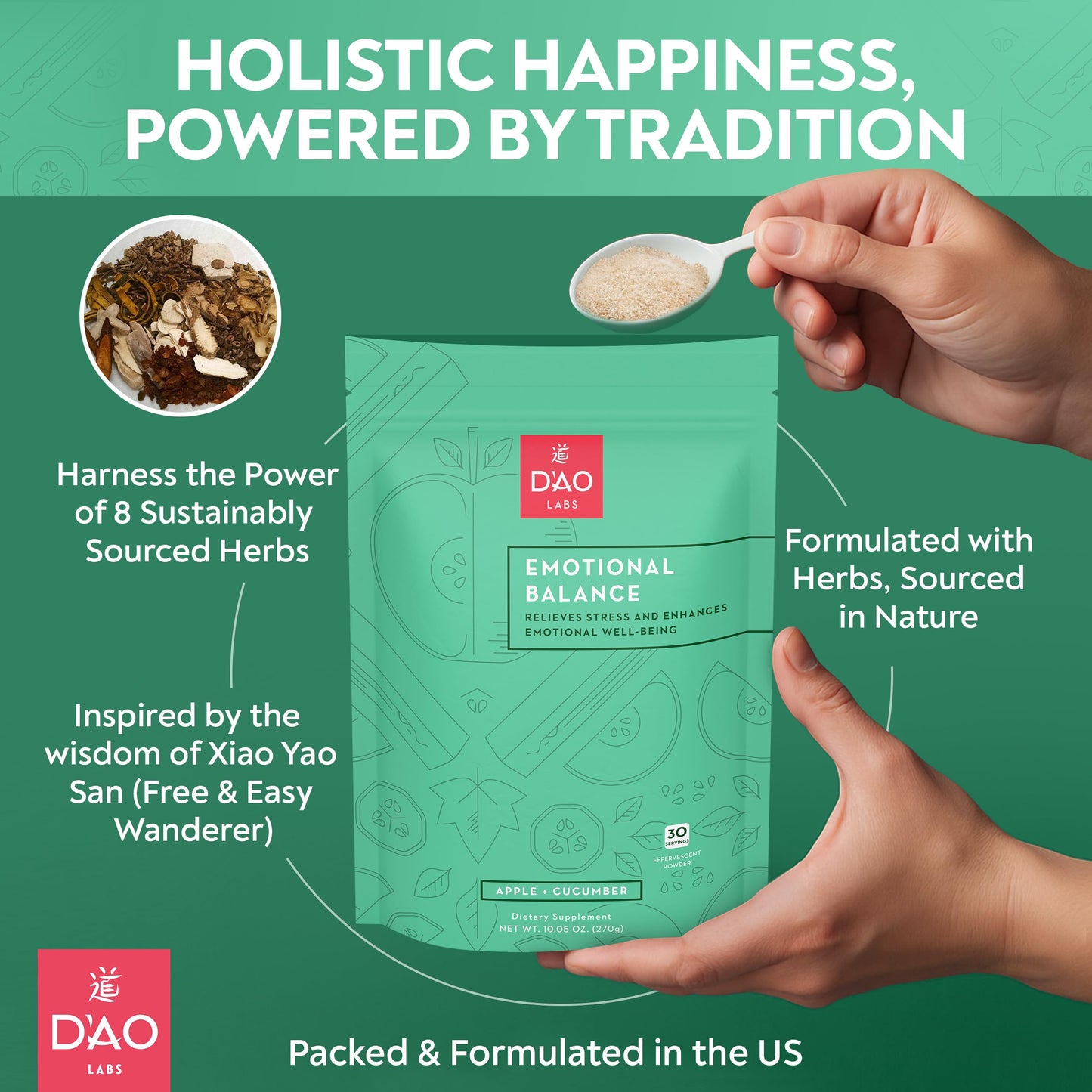 D'AO Labs Emotional Balance - Emotional Balance Powder - Calm & Stress Relief - Effervescent Powder with Apple-Cucumber Flavor - Xiao Yao San Traditional Chinese Herbal - 30 Individual Servings DAO LabsBuy Supplements Australia