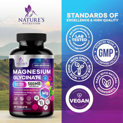 Magnesium Glycinate Supplement - 500mg Magnesium Per Serving - 100% Chelated & Purified - Supports Sleep, Heart Health, & Muscle Strength - Best Absorption Magnesium, Bottled in USA - 60 Tablets Nature's NutritionBuy Supplements Australia