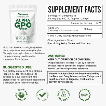 Purisure Alpha GPC Powder, 25 g, Pure Alpha GPC Choline Supplement for Brain and Focus, CDP Choline Supplements for Memory Performance & Concentration, No Fillers, Non-GMO, Offers 41 Servings PurisureBuy Supplements Australia