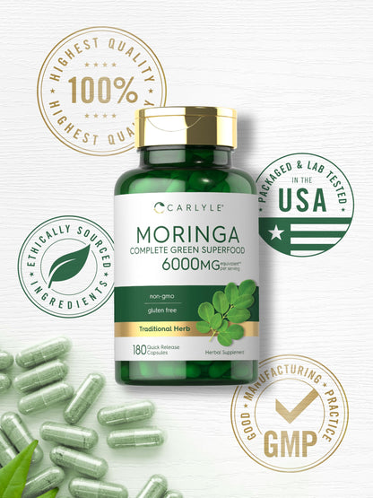 Carlyle Moringa Oleifera Supplement | 180 Capsules | Complete Green Superfood for Women and Men | Non-GMO and Gluten Free