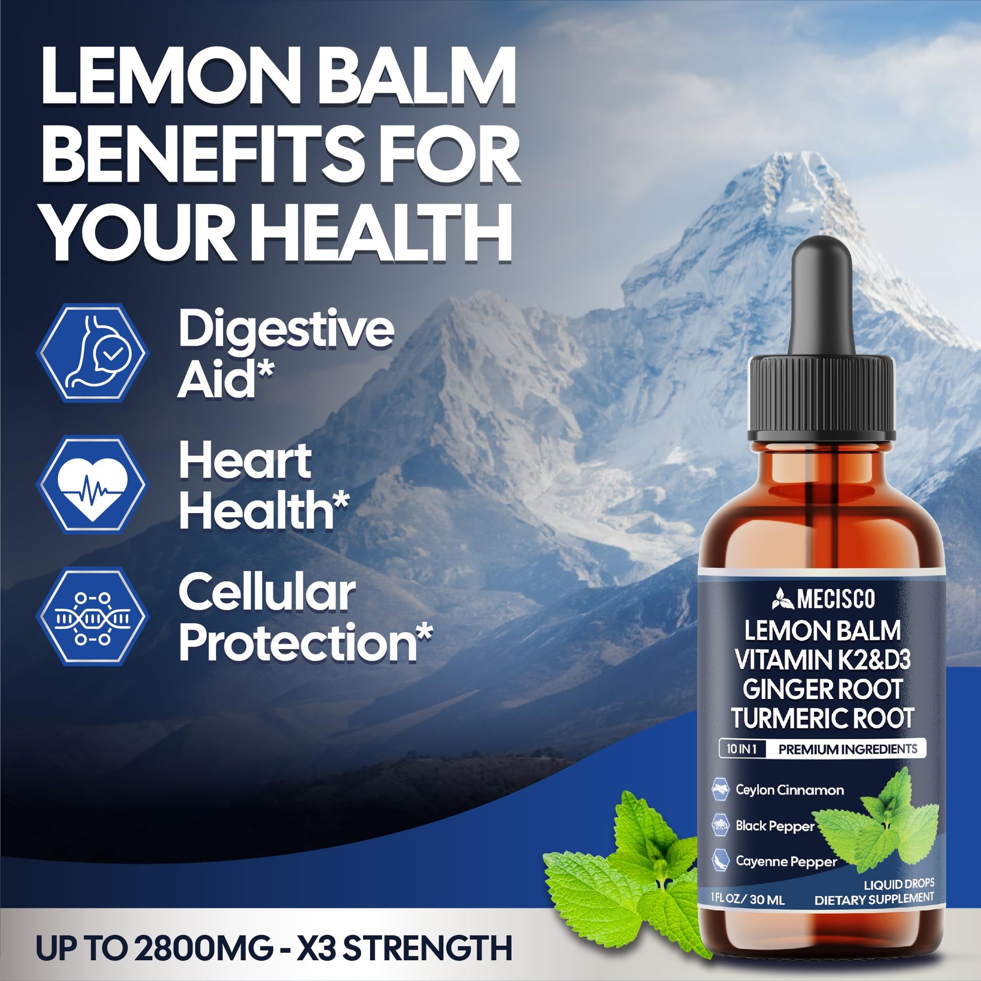 10in1 Lemon Balm Liquid Drops Blend Includes Vitamin D3, Vitamin K2, Lemon Balm, Ginger, Turmeric, Ceylon Cinnamon, Black Pepper, Cayenne Pepper, Berberine, Valerian Root - 1 FL Oz - 2 Month Supply MeciscoBuy Supplements Australia
